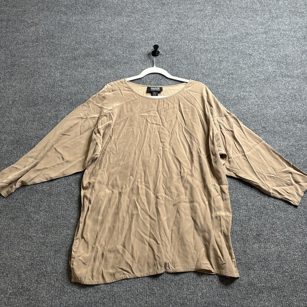 Eileen Fisher 100% Silk 3/4 Sleeve Blouse Women's Size Small Beige Tan Luxury